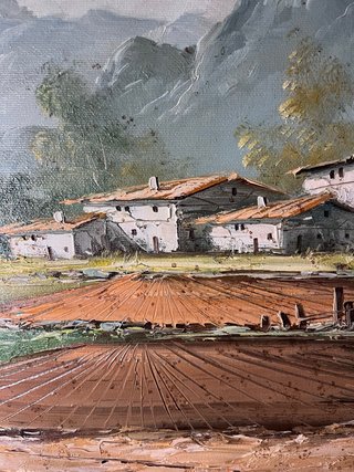 Pintura al óleo de paisaje rural.