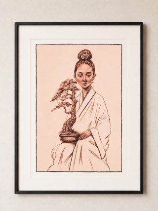 Lámina arte mujer con bonsái