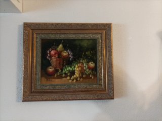 Cuadro bodegón frutas cesta mimbre. Óleo