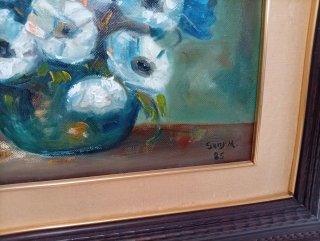 Cuadro Óleo Flores Azules Firmado