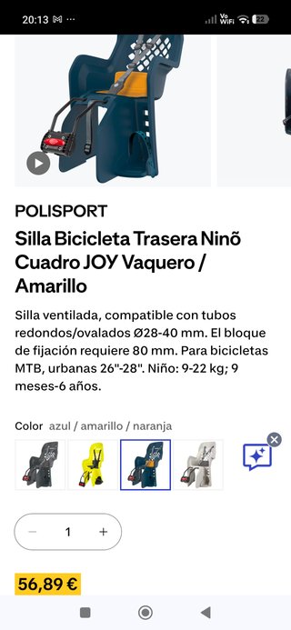 Silla bici trasera niñ@ 9-22kg