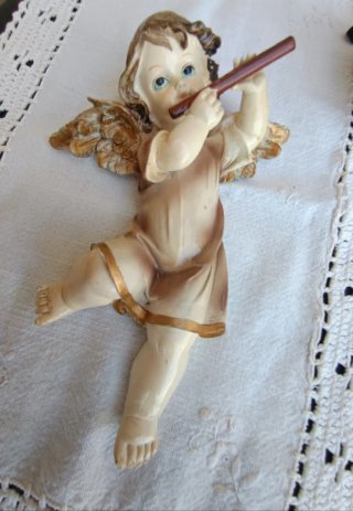 Figura Ángel Querubín Antiguo con Flauta Vintage