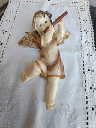 Figura Ángel Querubín Antiguo con Flauta Vintage
