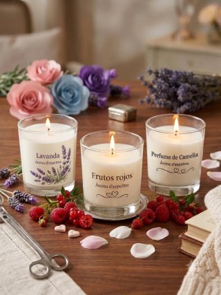 3 Velas Aromáticas Lavanda, Frutos Rojos, Camelia