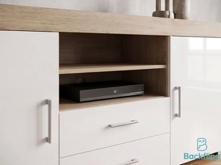 Mueble TV salón blanco y madera