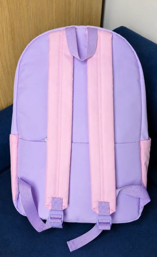 Mochila escolar morada y rosa con llavero