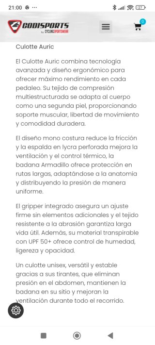 Culotte Ciclismo Hombre Negro talla XL CODIS SPORT