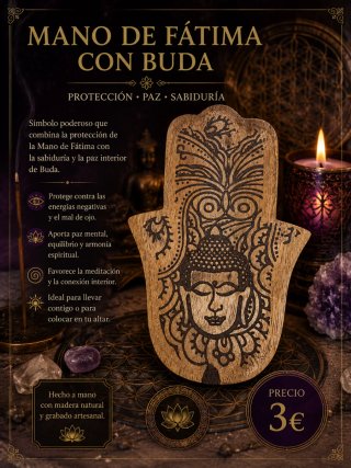Mano de Fátima con Buda artesanal