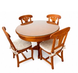 Mesa redonda madera + 4 sillas tapizadas