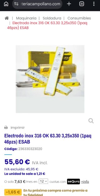 Electrodos Inox 316L ESAB 3,25x350mm (46uds)