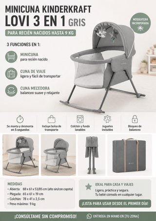 Minicuna Kinderkraft LOVI 3 en 1 Gris