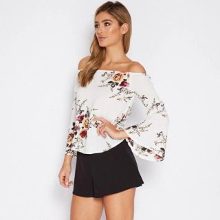 Blusa Ombro a Ombro Floral Manga Flare