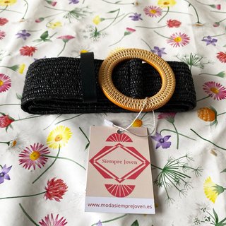 Cinturón rafia negro hebilla ratán