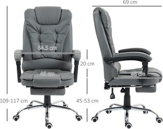 Silla de Oficina Ergonómica Presidencial en Piel PU, Silla de Oficina Giratoria con Respaldo Alto Reclinable 145°, Altura Ajustable y Reposapiés Extraíble, Gris