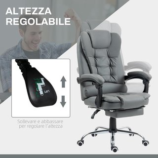 Silla de Oficina Ergonómica Presidencial en Piel PU, Silla de Oficina Giratoria con Respaldo Alto Reclinable 145°, Altura Ajustable y Reposapiés Extraíble, Gris