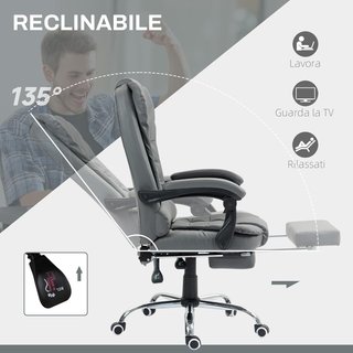Silla de Oficina Ergonómica Presidencial en Piel PU, Silla de Oficina Giratoria con Respaldo Alto Reclinable 145°, Altura Ajustable y Reposapiés Extraíble, Gris