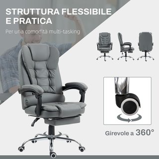 Silla de Oficina Ergonómica Presidencial en Piel PU, Silla de Oficina Giratoria con Respaldo Alto Reclinable 145°, Altura Ajustable y Reposapiés Extraíble, Gris