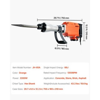Martillo Demoledor Eléctrico de 2200W con 2 Puntas de Cincel
