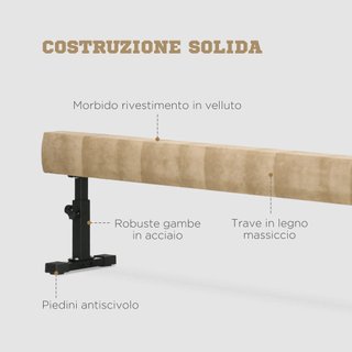 Trave Gimnástica Artística para Casa con Altura Regulable, Ruedas y Patas Antideslizantes, para Niños de 3 a 12 Años, 226X31X59Cm, Marrón