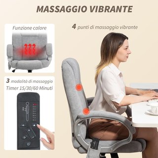 Silla De Oficina Masajeadora 4 Puntos Vibrante Y Calentadora, Sillón De Oficina Con Función Balanceo, Silla De Escritorio De Terciopelo Con Reposabrazos Y Altura Ajustable Para Estudio, Gris