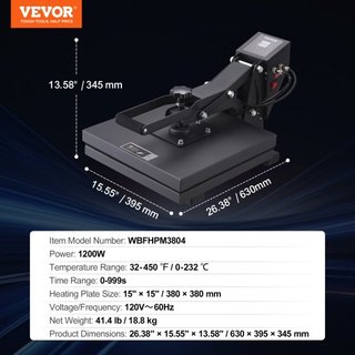 Máquina de Prensa Térmica 15 x 15 in/38.1 x 38.1 cm Impresora de Sublimación para Transferencia de Camisetas DIY