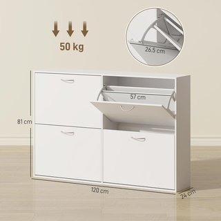 Zapatero de Entrada Slim con 4 Puertas Abatibles, Mueble Zapatero Moderno para 24 Pares de Zapatos con Estantes Regulables, Organizador de Zapatos de Madera, 120X24X81Cm, Blanco