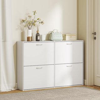 Zapatero de Entrada Slim con 4 Puertas Abatibles, Mueble Zapatero Moderno para 24 Pares de Zapatos con Estantes Regulables, Organizador de Zapatos de Madera, 120X24X81Cm, Blanco