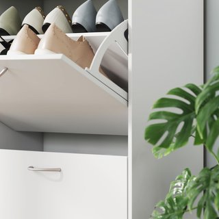 Zapatero de Entrada Slim con 4 Puertas Abatibles, Mueble Zapatero Moderno para 24 Pares de Zapatos con Estantes Regulables, Organizador de Zapatos de Madera, 120X24X81Cm, Blanco