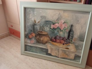 Cuadro Óleo Bodegón Flores y Frutas