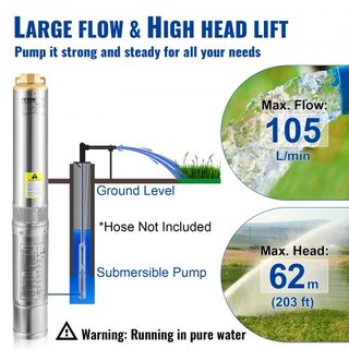 Bomba Sumergible de Pozo Profundo, 750W 230V/50Hz, 105L/min 62 m de Altura Resistente a Arena <5%, Cable Eléctrico de 20 m, Bombas de Agua de Acero Inoxidable de 8.9 cm para Uso Industrial, Irriga...