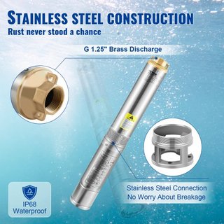 Bomba Sumergible de Pozo Profundo, 750W 230V/50Hz, 105L/min 62 m de Altura Resistente a Arena <5%, Cable Eléctrico de 20 m, Bombas de Agua de Acero Inoxidable de 8.9 cm para Uso Industrial, Irriga...