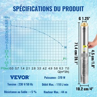 Bomba Sumergible de Pozo Profundo, 370W 230V/50Hz, 110L/min 44 m de Altura, con Cable de 20 m y Caja de Control Externa, Bombas de Agua de Acero Inoxidable de 10.2 cm para Uso Industrial, Irrigaci...