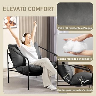 Sillón Moderno Tapizado, Sillón para Dormitorio con Cojines Desmontables, Reposabrazos y Estructura de Metal, Sillón de Relax en Piel PU para Sala de Estar, 74.5X75X77 Cm, Gris Carbón