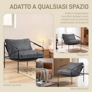 Sillón Moderno Tapizado, Sillón para Dormitorio con Cojines Desmontables, Reposabrazos y Estructura de Metal, Sillón de Relax en Piel PU para Sala de Estar, 74.5X75X77 Cm, Gris Carbón