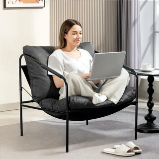 Sillón Moderno Tapizado, Sillón para Dormitorio con Cojines Desmontables, Reposabrazos y Estructura de Metal, Sillón de Relax en Piel PU para Sala de Estar, 74.5X75X77 Cm, Gris Carbón
