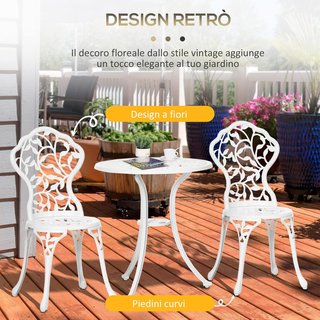 Conjunto de Jardín de 3 Piezas en Aluminio Blanco con Diseño Floral, 2 Sillas de Exterior 45X42X85.5 Cm y Mesa Redonda Ø61X66.5 Cm