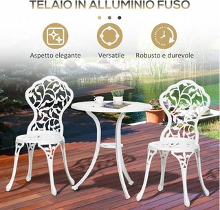 Conjunto de Jardín de 3 Piezas en Aluminio Blanco con Diseño Floral, 2 Sillas de Exterior 45X42X85.5 Cm y Mesa Redonda Ø61X66.5 Cm