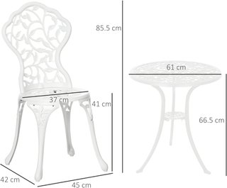 Conjunto de Jardín de 3 Piezas en Aluminio Blanco con Diseño Floral, 2 Sillas de Exterior 45X42X85.5 Cm y Mesa Redonda Ø61X66.5 Cm