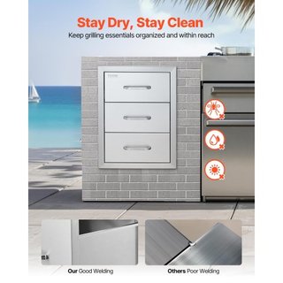 Cajones de Cocina Exterior 16" W x 21.5" H x 18" D, Cajones de Acceso Triple Montados a Ras con Mango de Acero Inoxidable, Cajones para Isla de BBQ para Cocinas Exteriores o Estación de Parrilla e...