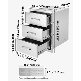 Cajones de Cocina Exterior 16" W x 21.5" H x 18" D, Cajones de Acceso Triple Montados a Ras con Mango de Acero Inoxidable, Cajones para Isla de BBQ para Cocinas Exteriores o Estación de Parrilla e...