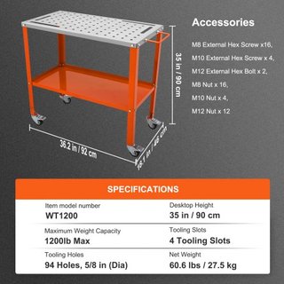 Mesa de Soldadura 91.4 cm x 45.7 cm, Capacidad de Carga de 544 kg, Mesa de Trabajo de Acero para Soldadura sobre Ruedas, Banco de Trabajo Portátil de 2 Capas con Ruedas de Frenado, 4 Ranuras para ...
