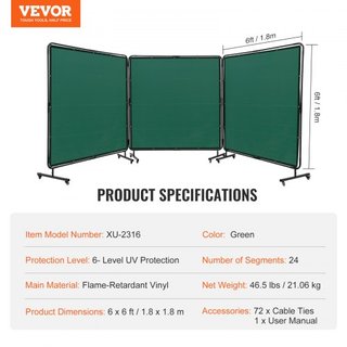 Pantalla de Soldadura con Marco, 182.9 cm x 182.9 cm Pantallas de Cortina de Soldadura de 3 Paneles, Pantalla de Protección de Soldadura de Vinilo Resistente al Fuego sobre 12 Ruedas Giratorias (6...