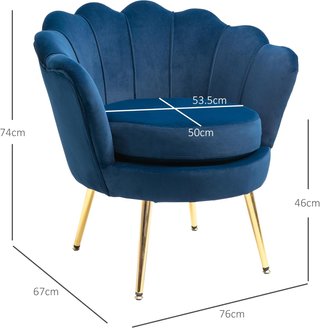 Sillón concha, sillón vintage, sillón para dormitorio y sala de estar, diseño elegante, con respaldo alto, 76X67X74Cm, azul
