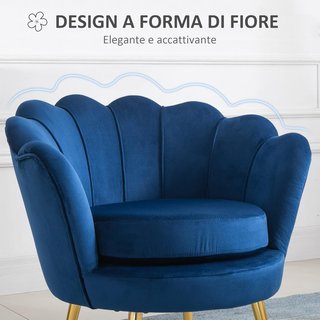 Sillón concha, sillón vintage, sillón para dormitorio y sala de estar, diseño elegante, con respaldo alto, 76X67X74Cm, azul