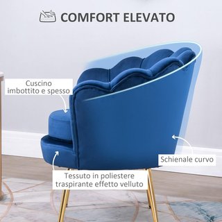 Sillón concha, sillón vintage, sillón para dormitorio y sala de estar, diseño elegante, con respaldo alto, 76X67X74Cm, azul