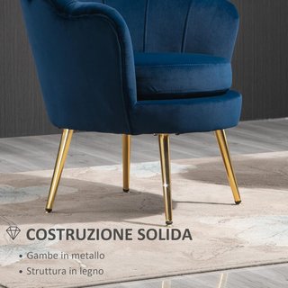 Sillón concha, sillón vintage, sillón para dormitorio y sala de estar, diseño elegante, con respaldo alto, 76X67X74Cm, azul