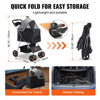 Carrito de Mascotas, Carrito para Perros de 4 Ruedas con Frenos, Capacidad de Peso de 35 lbs, Carrito para Cachorros con Transportador Desmontable, Canasta de Almacenamiento y Soporte para Tazas, ...