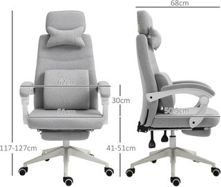 Silla De Oficina Ergonómica, Silla De Escritorio Con Ruedas, Cojín Lumbar, Reposacabezas Y Reposapiés Extraíble, Gris 62X68X117-127Cm