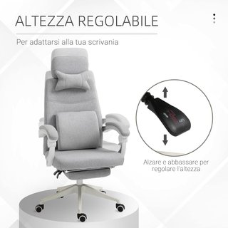 Silla De Oficina Ergonómica, Silla De Escritorio Con Ruedas, Cojín Lumbar, Reposacabezas Y Reposapiés Extraíble, Gris 62X68X117-127Cm