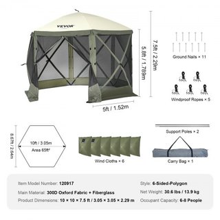 Tienda Gazebo Plegable, Tienda de Pantalla Plegable de 6 Lados, Refugio Solar con 6 Cortinas de Privacidad Removibles y Ventanas de Malla, Tienda de Pantalla de 10x10FT de Configuración Rápida con...